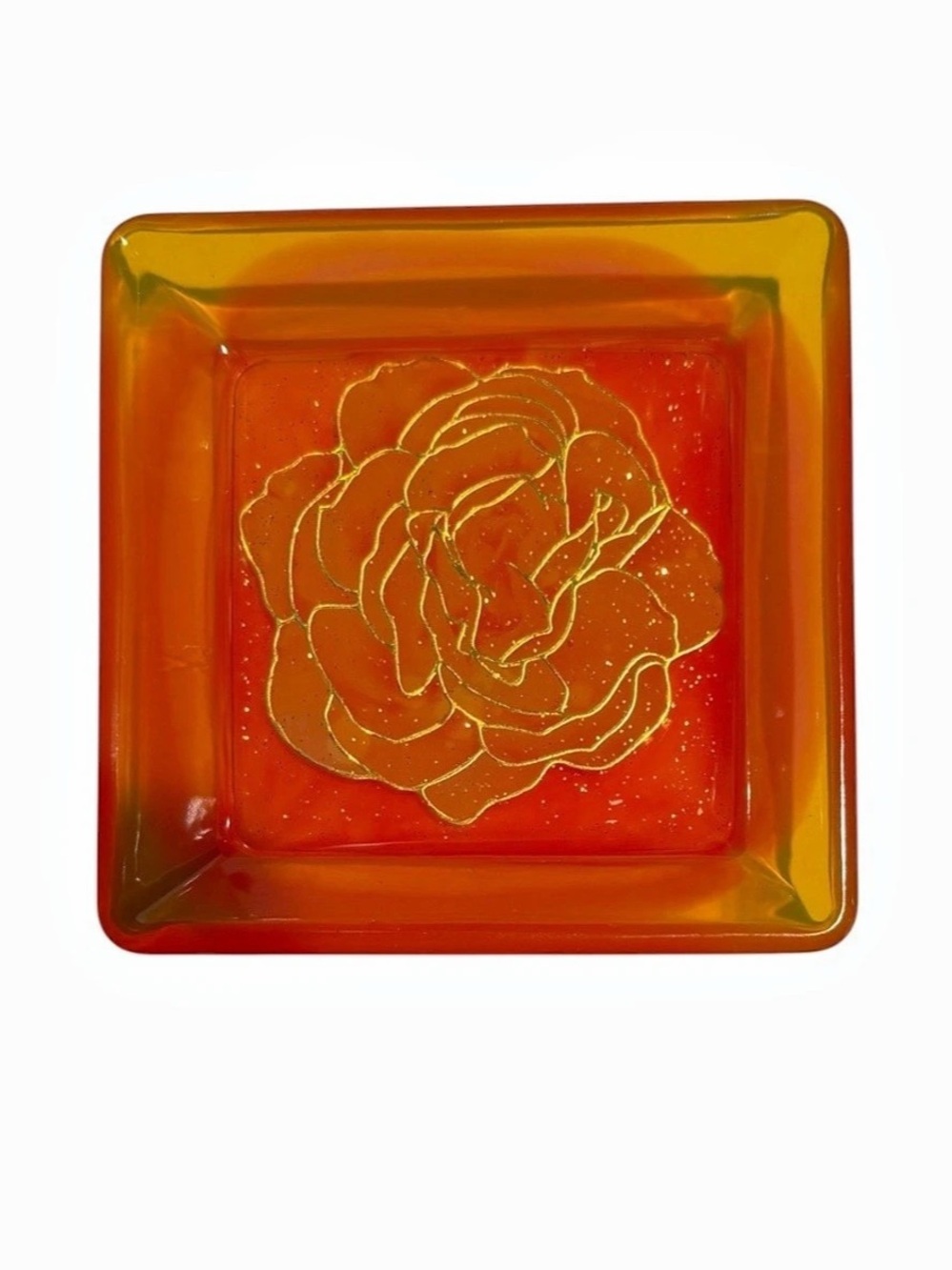 Handcrafted Amber Orange Glitter Resin Square Rose Trinket Dish